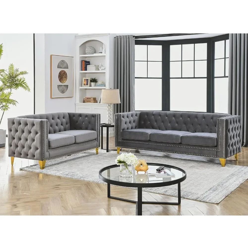 Velvet Sofa Set of 2, Comfy Loveseat and 3 Seater Couch with Tufted Back and Rivet Decoration, Upholstered Couch with Metal Legs