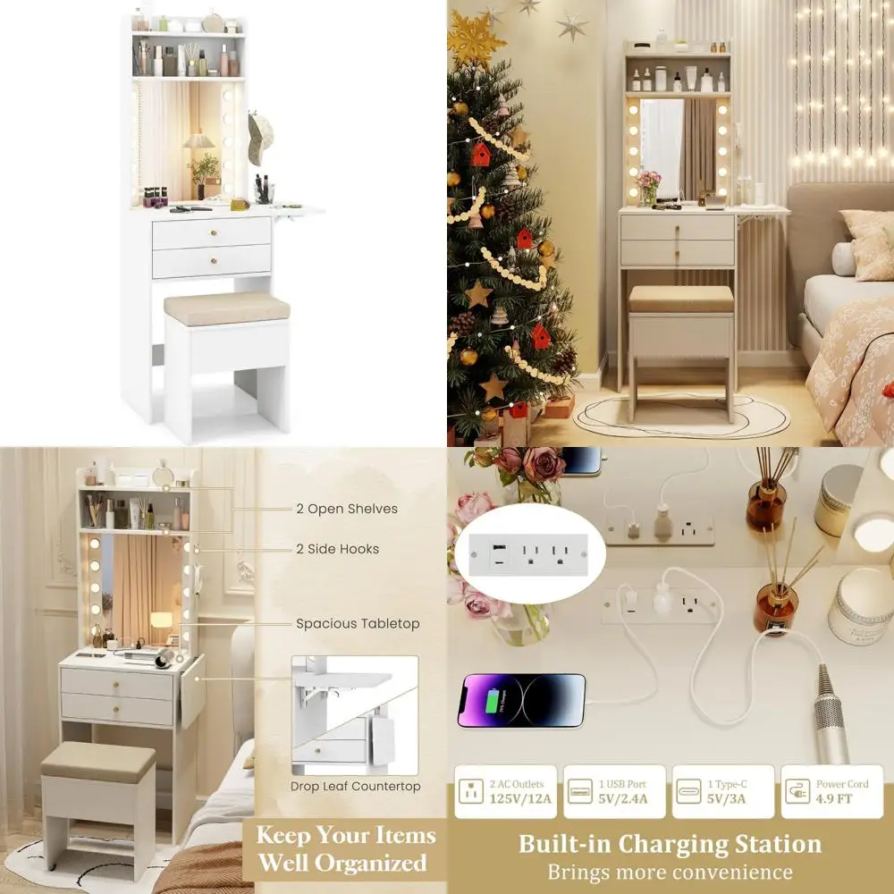 illuminated compact vanity desk with folding top and stool for space-saving apartment living