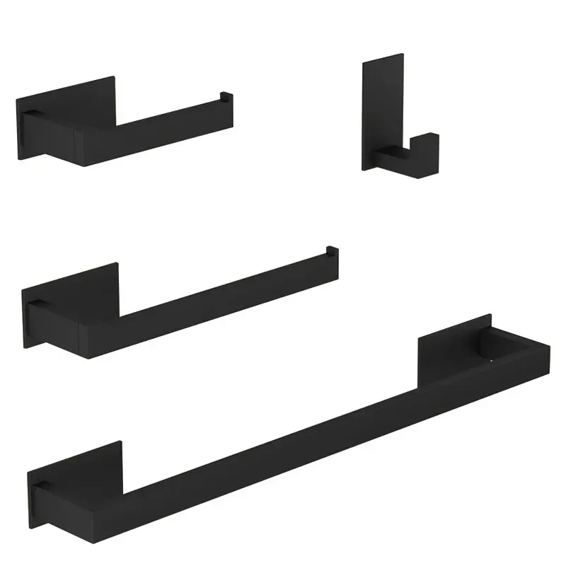 Black Bathroom Hardware Set Self-sticking, Robe Hook Towel Rail Bar Towel Bar Paper Holder Accessories Set without Nails