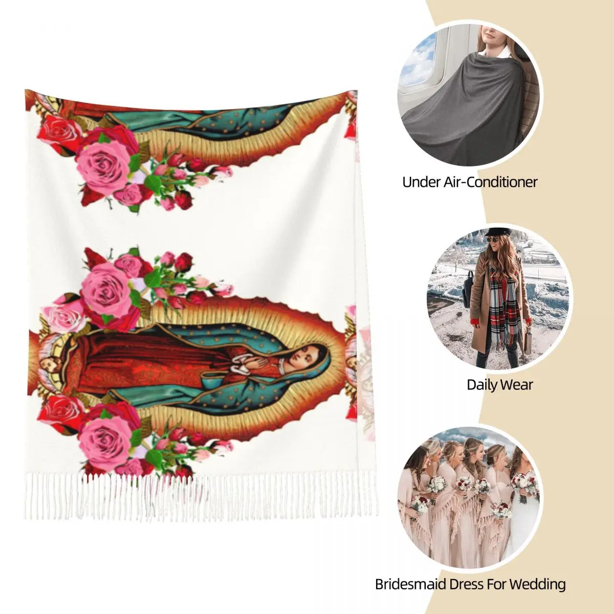 Our Lady Of Guadalupe Scarf for Women Warm Winter Pashmina Shawl Wrap Virgin Mary Long Large Scarves with Tassel Daily Wear