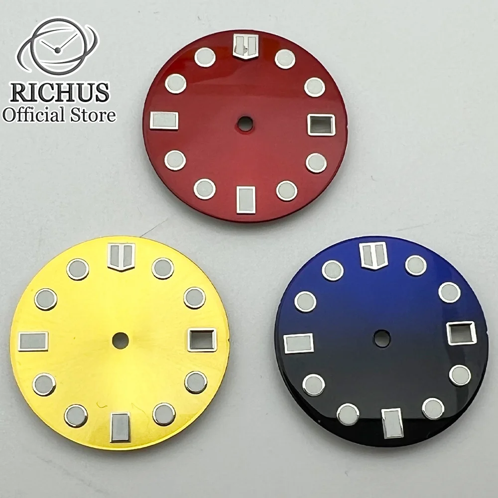 RICHUS 28.5mm blue green red gray yellow watch dial luminous fit NH35 movement fit 3 o'clock crown 3.8 o'clock crown