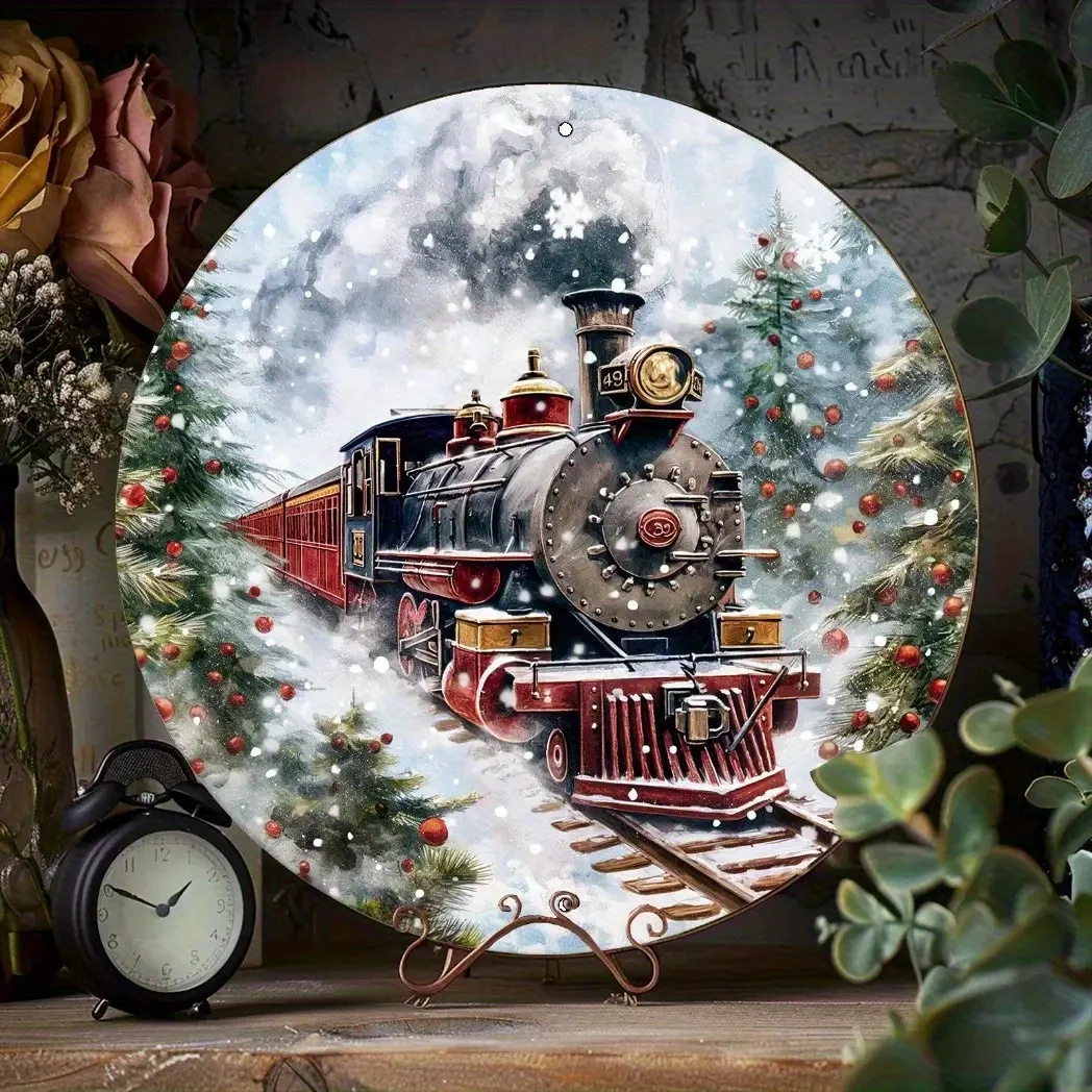 2D Flat1pc Retro Polar Train Metal Sign- 8x 8inch Aluminum Round Wall Art with Snow Train and Decorations, Home, Bars, Cafes, Ki