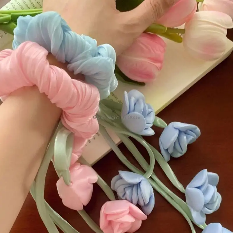 

Tulle Scrunchie Hair Tie Tulips Pattern Headbands Rope And Graceful Tassels Movement
