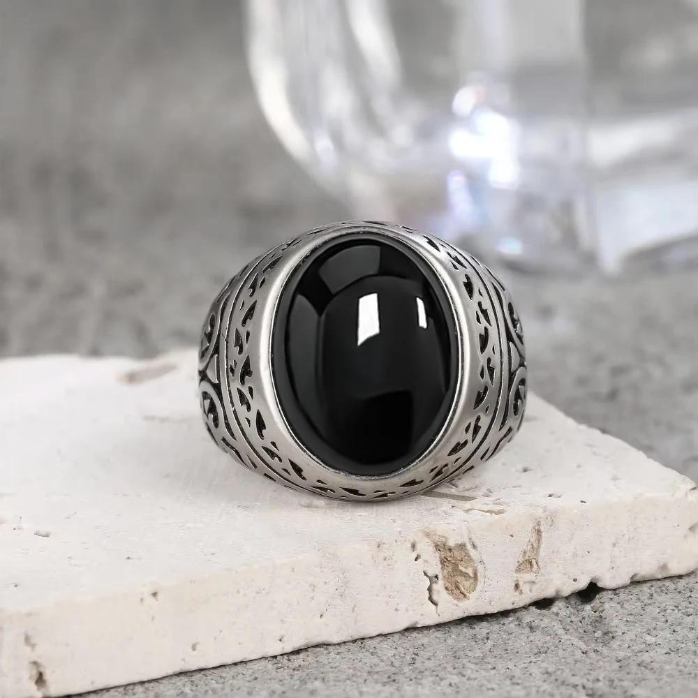 

Vintage 925 Sterling Silver Balck Onyx Rings Large Natural Stone 10*14MM Oval Shape Retro Ring Jewelry For Men Women