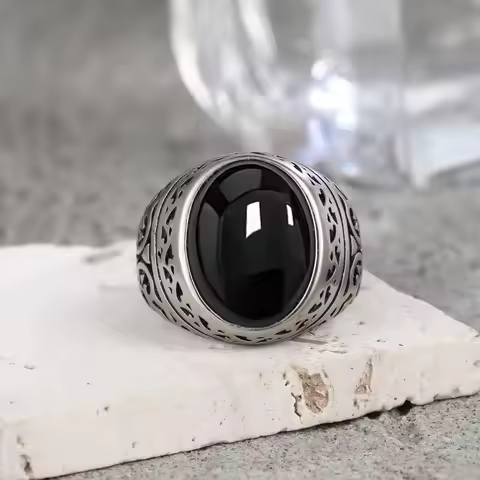 Vintage 925 Sterling Silver Balck Onyx Rings Large Natural Stone 10*14MM Oval Shape Retro Ring Jewelry For Men