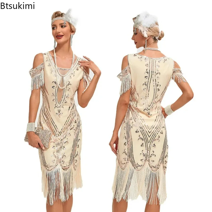 Women's Vintage Embroidery Tassel Dress Cocktail Party Sequin Studded Mesh Dress Round Neck Sequins Beaded Tassel Ball Dress New