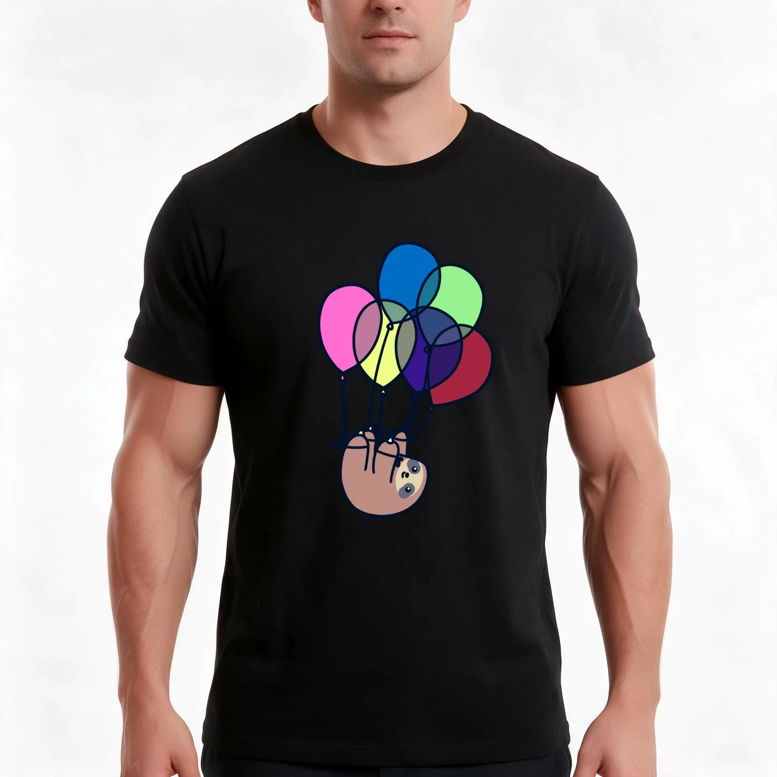 Sloth Floating Away T-Shirt, Summer Casual Cotton Tee, Oversized Streetwear Tops, Vintage Graphic Print, Loose Fit Short Sleeve