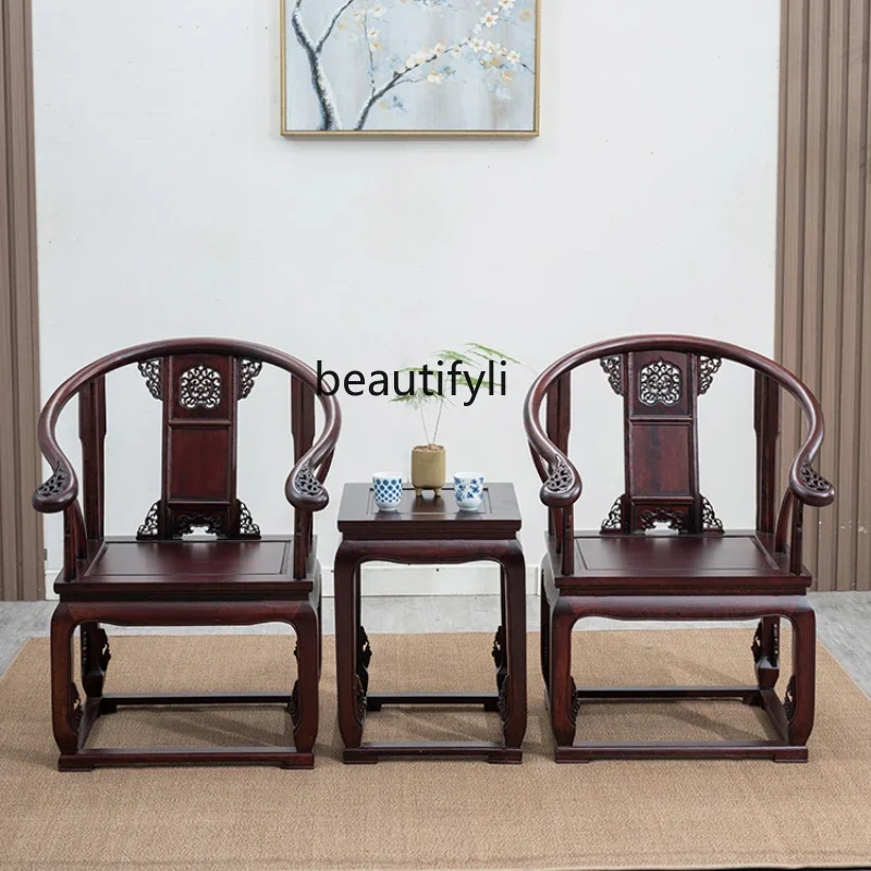 Palace 3-Piece Solid Wood round-Backed Armchair Taishi Chinese Style Classic Style Rosewood Reception Chair Ming and Qing Carved