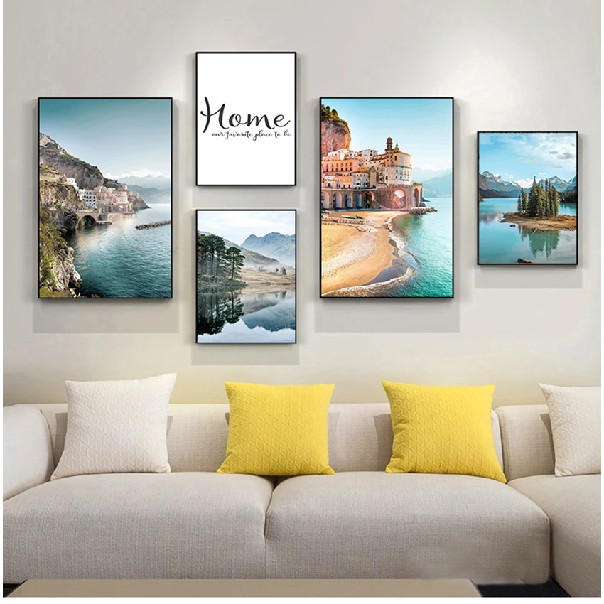 Cityscape Print Wall Art Canvas Painting Mountain Lake Reflection Picture Nature Scandinavian Nordic Decoration Coastline