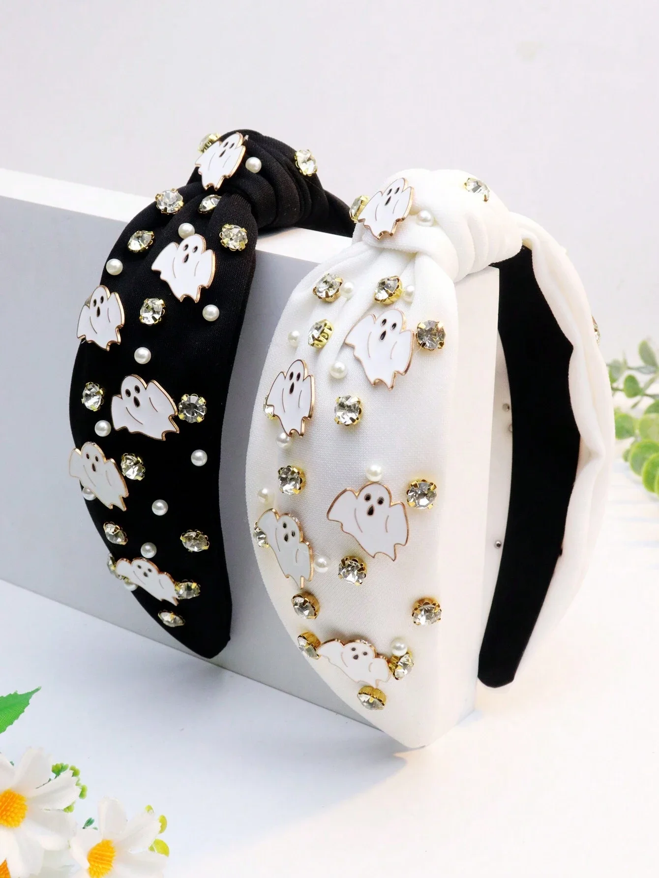 

Широкая повязка на голову из однотонной ткани с жемчугом из сплава, аксессуар для волос на Хэллоуин