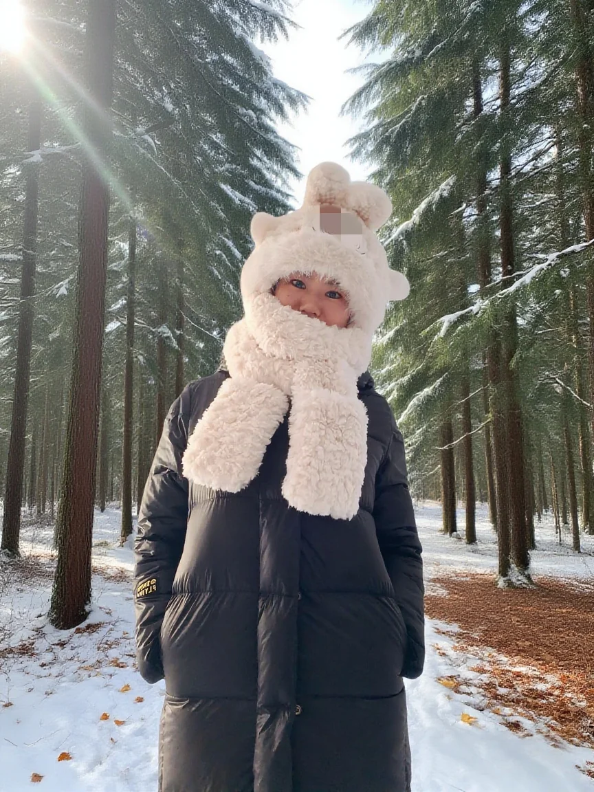 

Плюшевая шапка лабуи с мультяшной вышивкой для детей 4-12 лет, шапка-шарф 2-в-1 - уличный пушистый флисовый зимний аксессуар для девочек