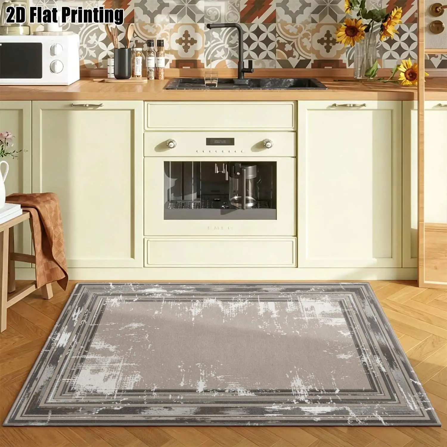 1Pc 2D Printed Retro Aged Frame Pattern Carpet, Nordic/Minimalist/European/Geometric Striped Styles, Home Decor, Multi-Size, Machine Washable, Suitable for Entrance, Dining, Foyer, Bedroom, Living Room