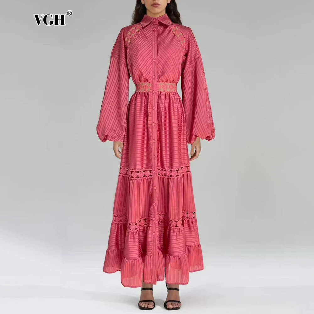 VGH Spliced Sheer Mesh Embroidery Dress for Women Lapel Lantern Sleeve High Waist Slimming Midi Dresses Female Autumn Clothing