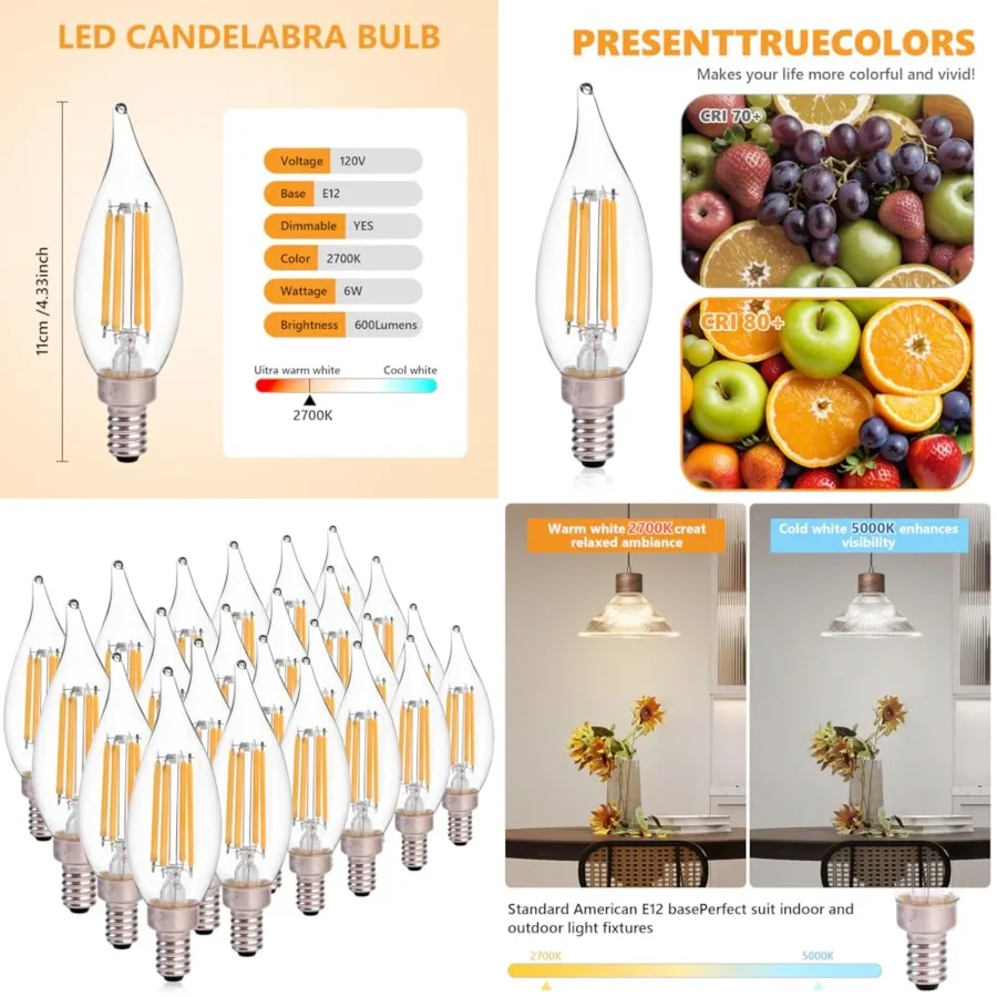 

Dimmable LED Candelabra Bulb 60W Equivalent E12 LED Bulb 2700K Soft Warm White, Chandelier Light Bulbs, 6W 650LM Flame Tip CA10