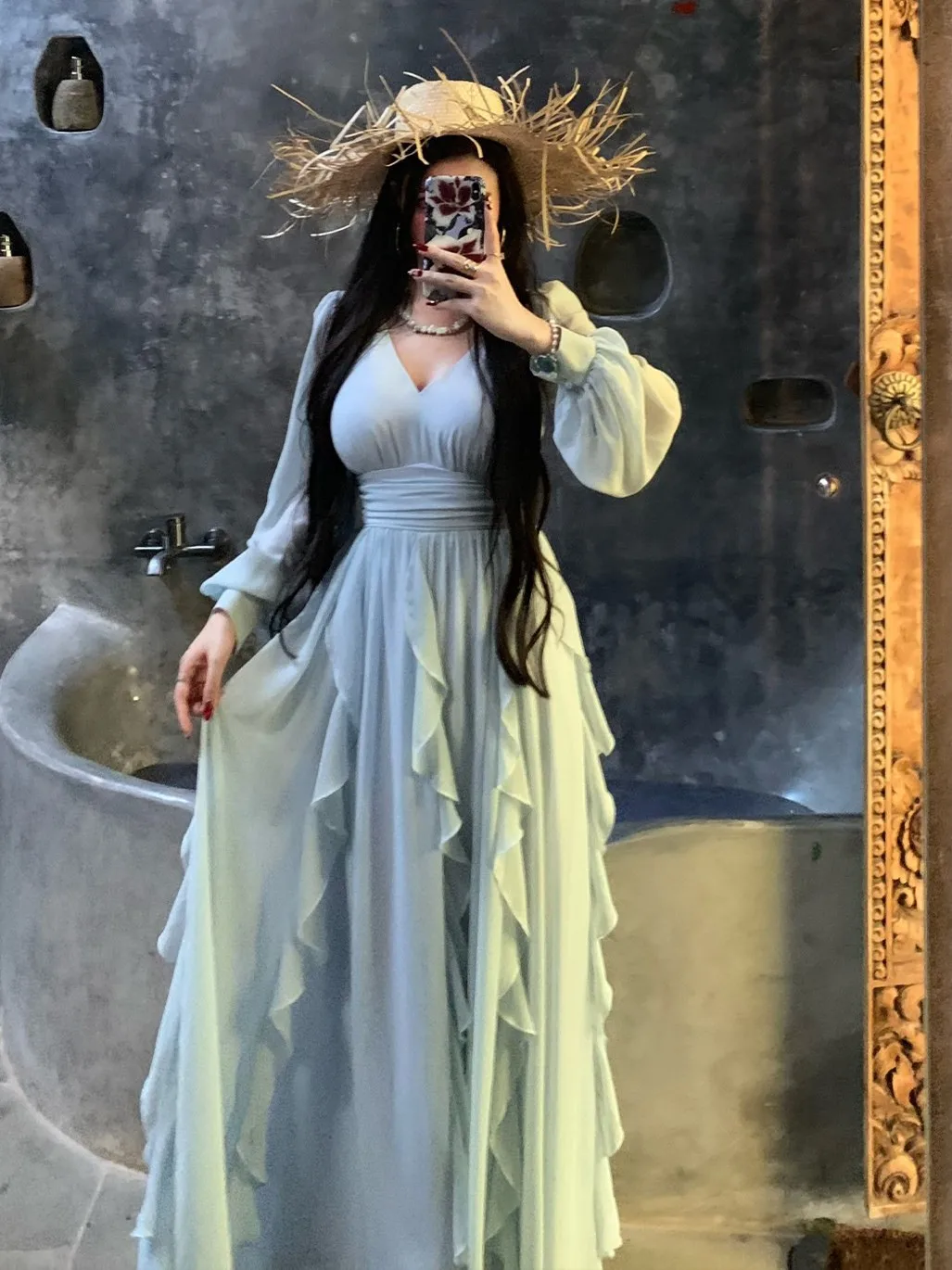 

Elegant Long Sleeve Fairy Dress in Misty Blue with Lace Hemline Waist-Cinching V-Neckline Suitable for Date And Travel