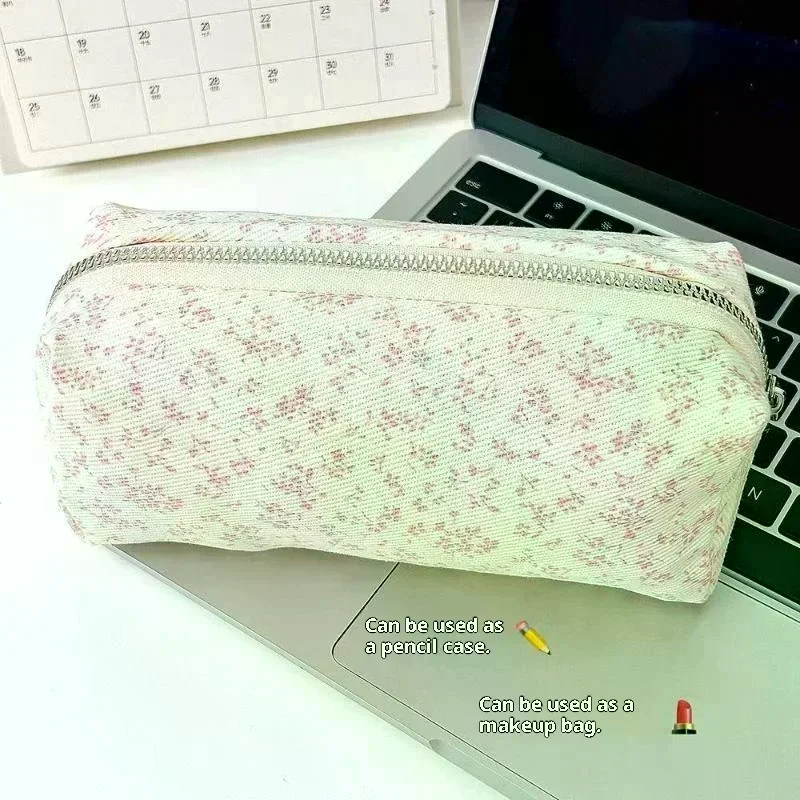 1Pcs Large Capacity Pencil Pouch Pink Small Floral Pencil Case Handheld Pen Bag Cosmetic Portable Gift For Office School Teen