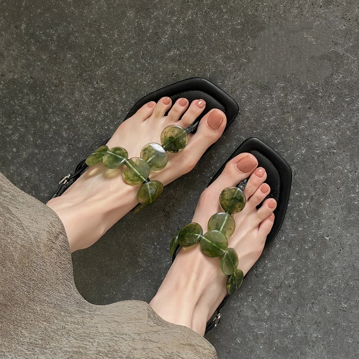 **Summer New Square Headed Sexy Clip Toe Flat Sandals Fashionable Hot Selling Elegant Temperament Casual Sandals for Women