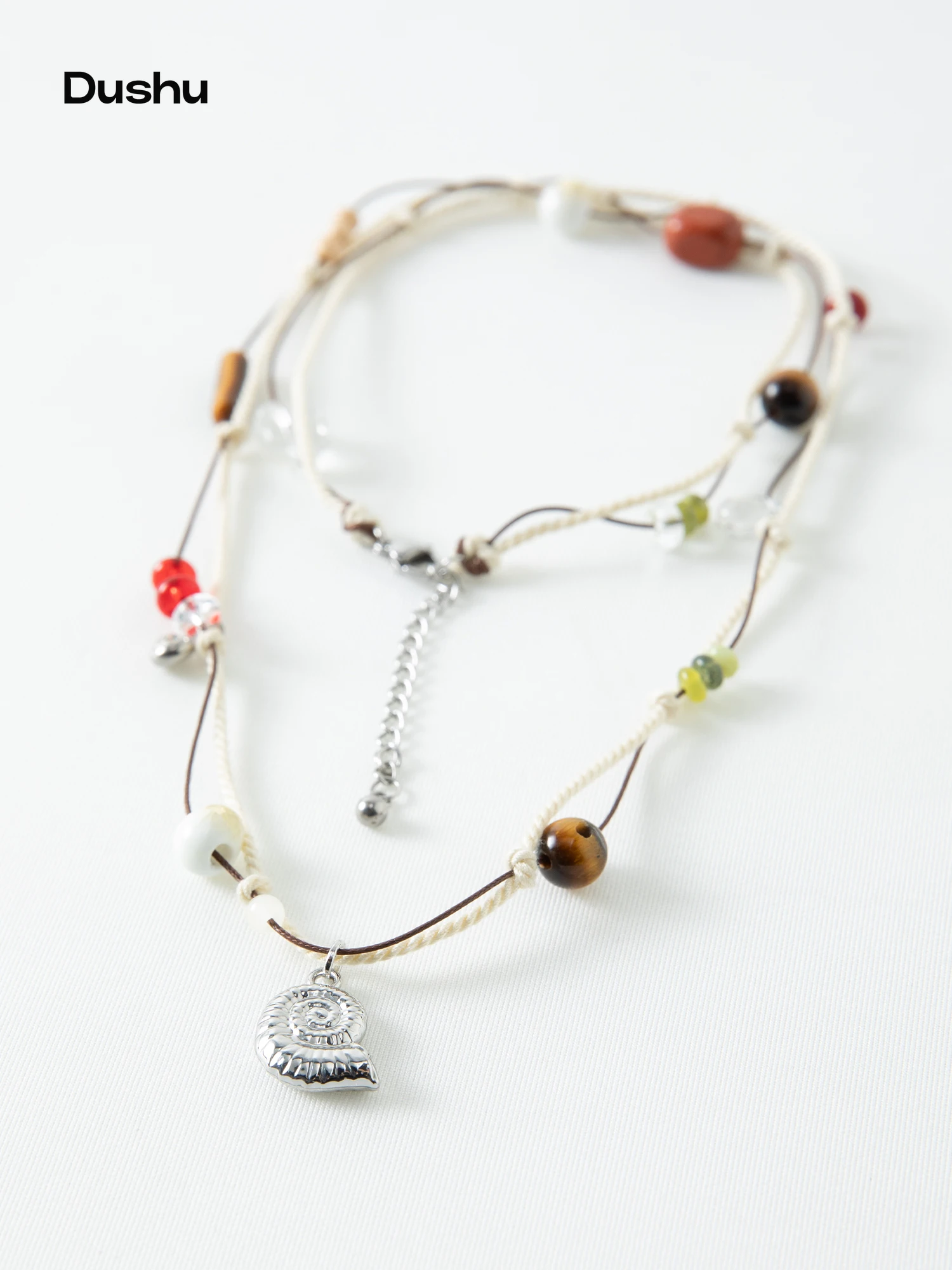 DUSHU Women Vintage Woven Necklace Retro Conch Alloy Red Stone Pendant Simple Casual All-match Jewelry for Summer Daily Sweet