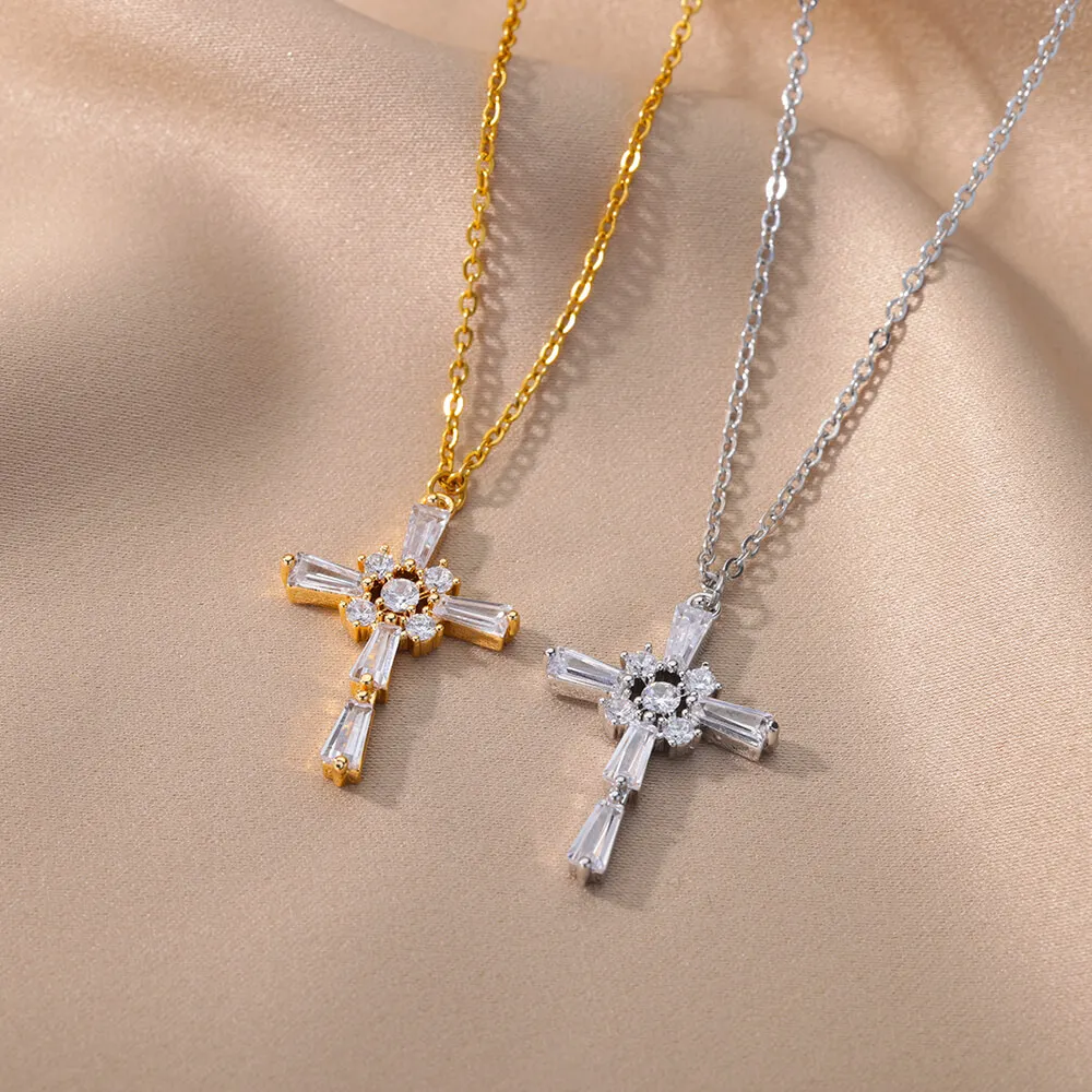 Zircon Cross Necklaces For Women Men Gold Color Neck Chain Pendant Necklace Male Female Fashion Jewelry Birthday Gift