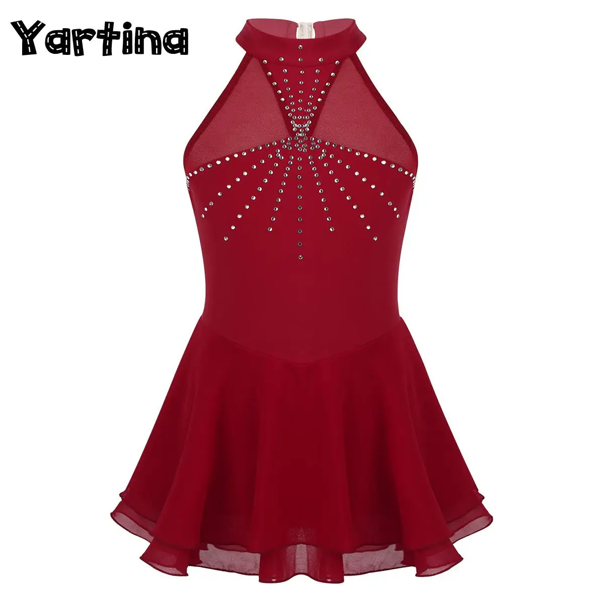 Kids Girls Artistic Figure Skating Dance Costume Sparkly Rhinestone Mesh Splice Contemporary Ballet Lyrical Dance Leotard Dress