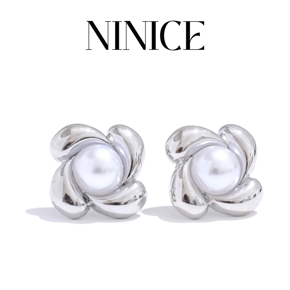 

NiNice Popular Style Stainless Steel Simulated Pearls Flower Stud Earrings Elegant Chic Jewelry Bijoux Femme Gift