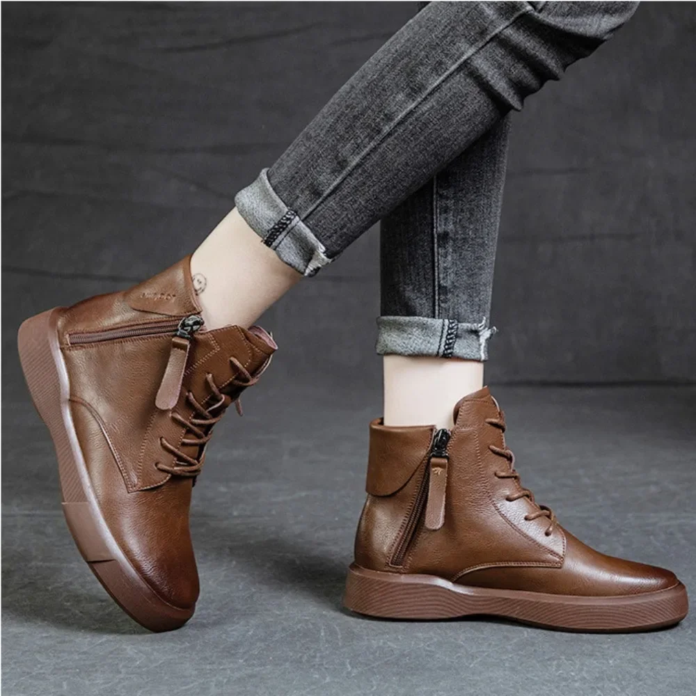 Genuine Leather Women\'s Boots Short Boots Thick Soled Knight Boot Womens Casual Shoes Versatile Woman\'s Shoes Platform Shoes
