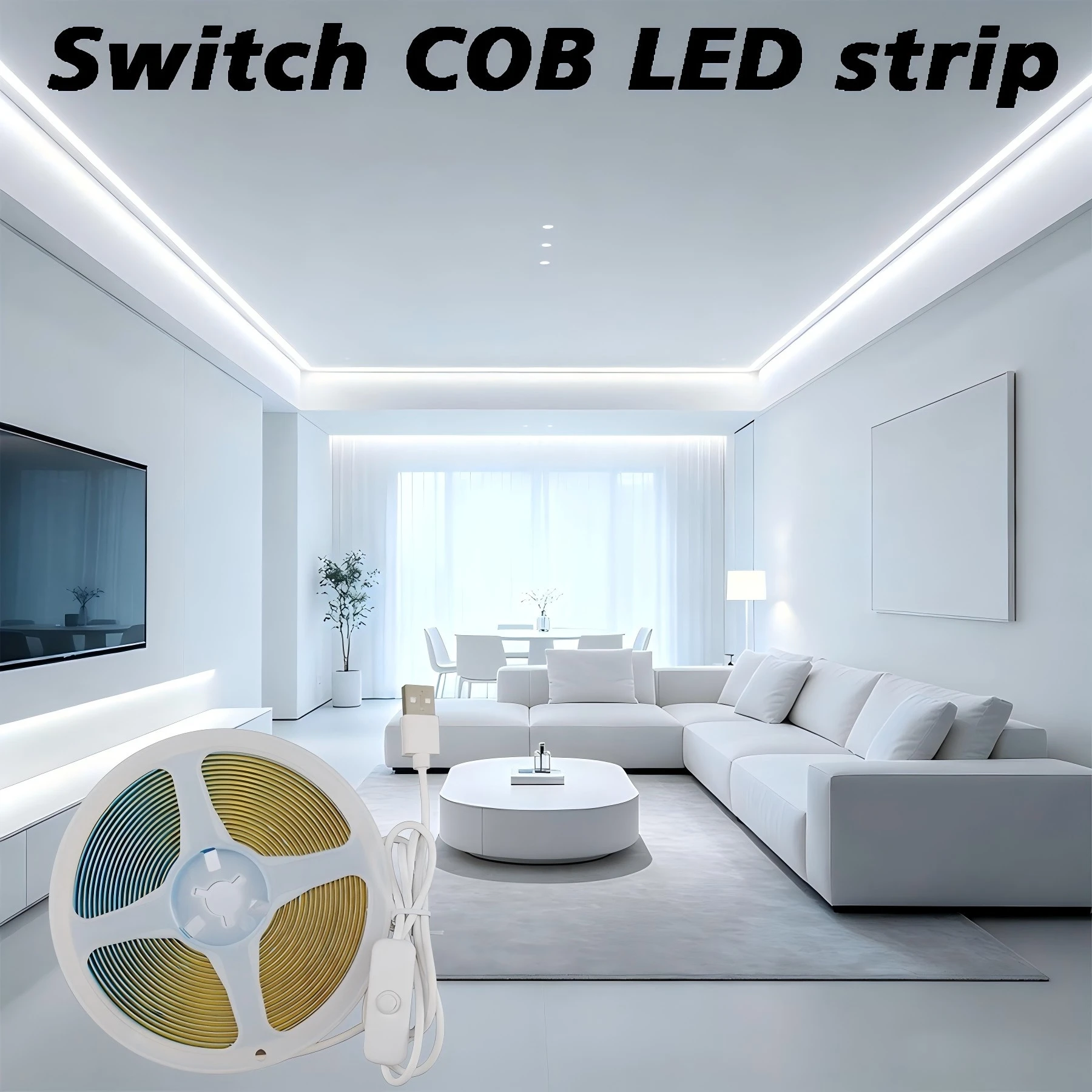 5V COB LED light strip, USB powered, equipped with a switch, available in warm/white. Suitable for living rooms, bedrooms, etc.
