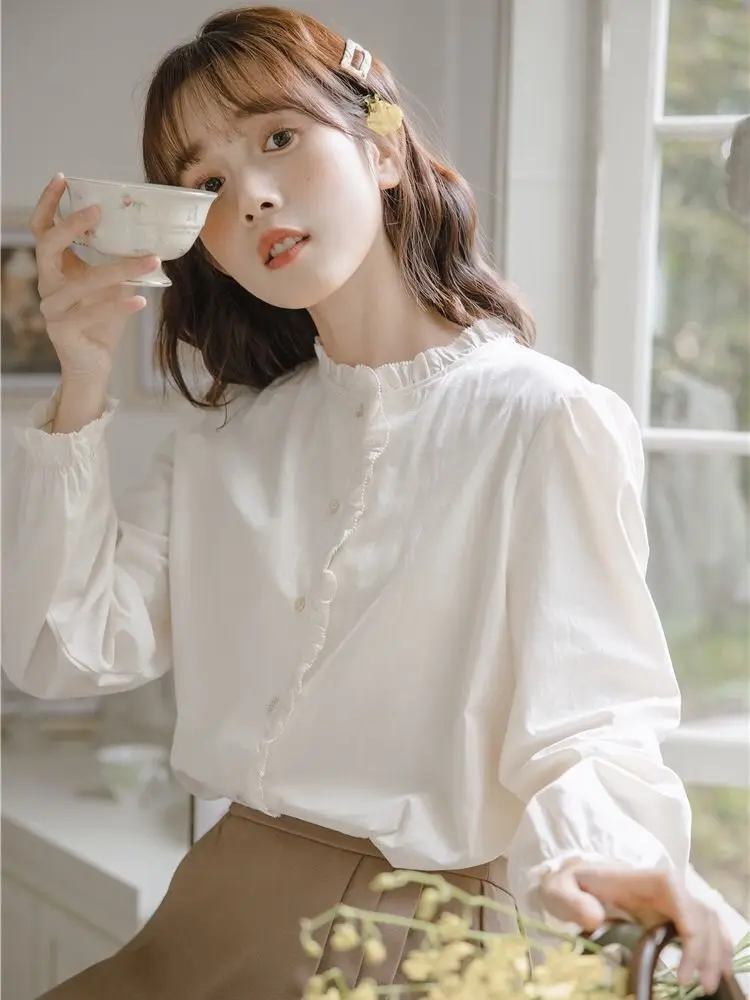 School Puff Long Sleeve White Shirt Women Elegant Ruffles Basic Blouses Female Oversize Casual Top Button Down Crew Neck