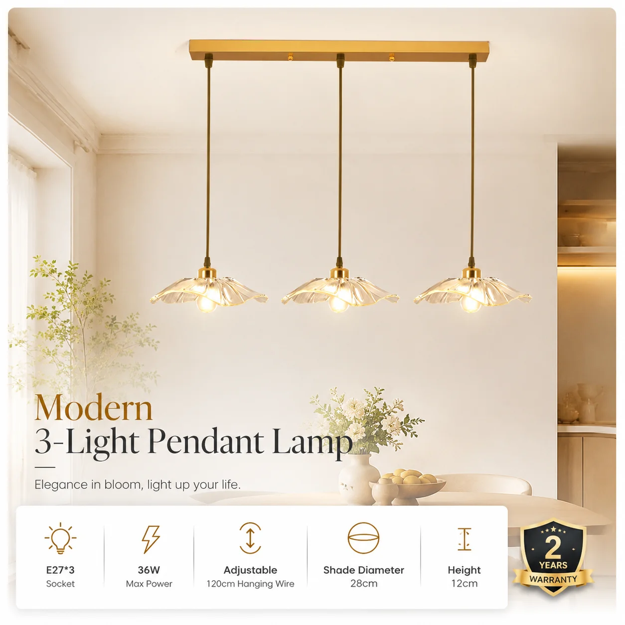 Golden 3-Light Linear Pendant Lamp Flower Acrylic Shade E27 Dimmable Dining Light