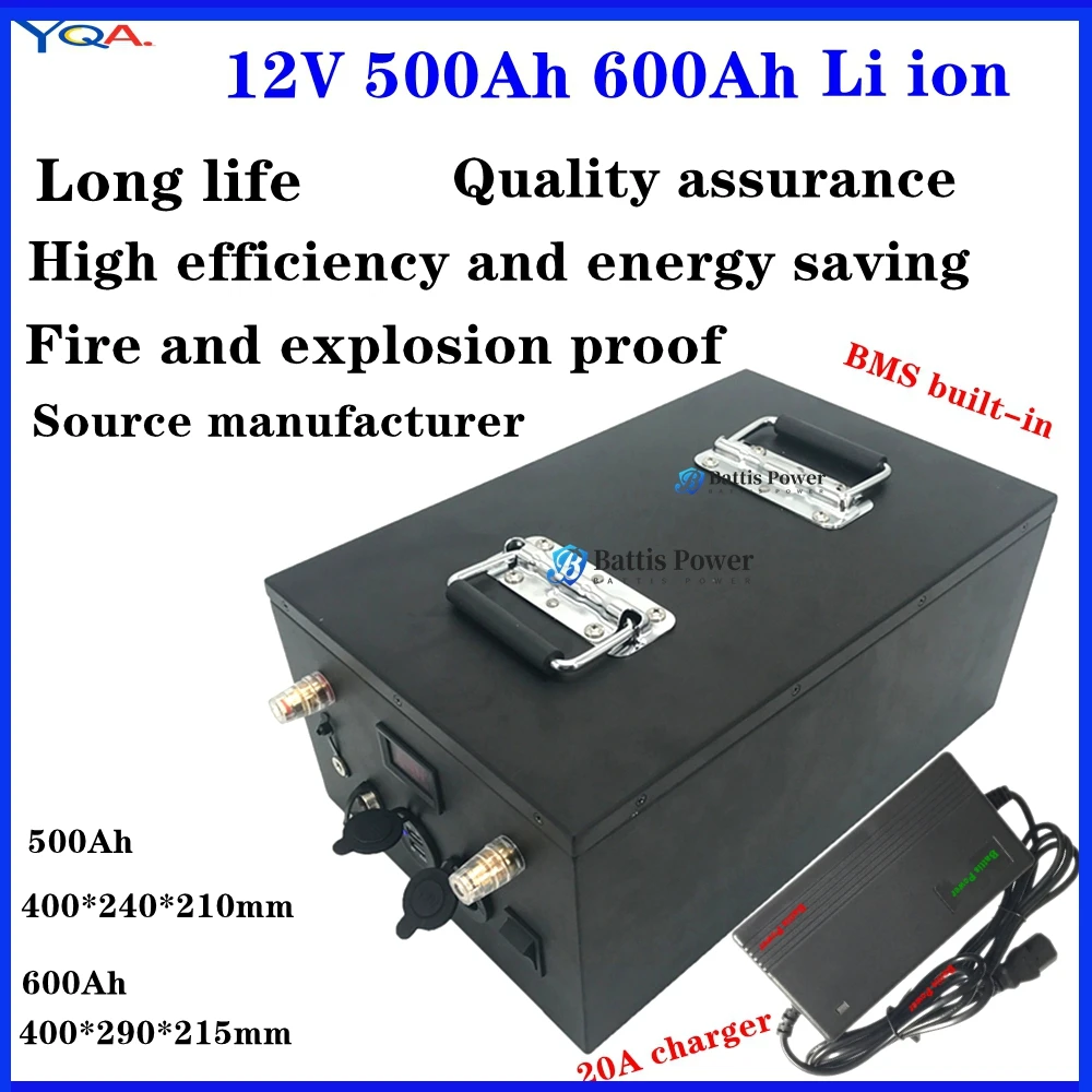 RV Camper Battery 12V 500Ah 600Ah Large Capacity Lithium Lipo Li Ion Battery For 1000w 2000w Motorhome Solar+20A Charger