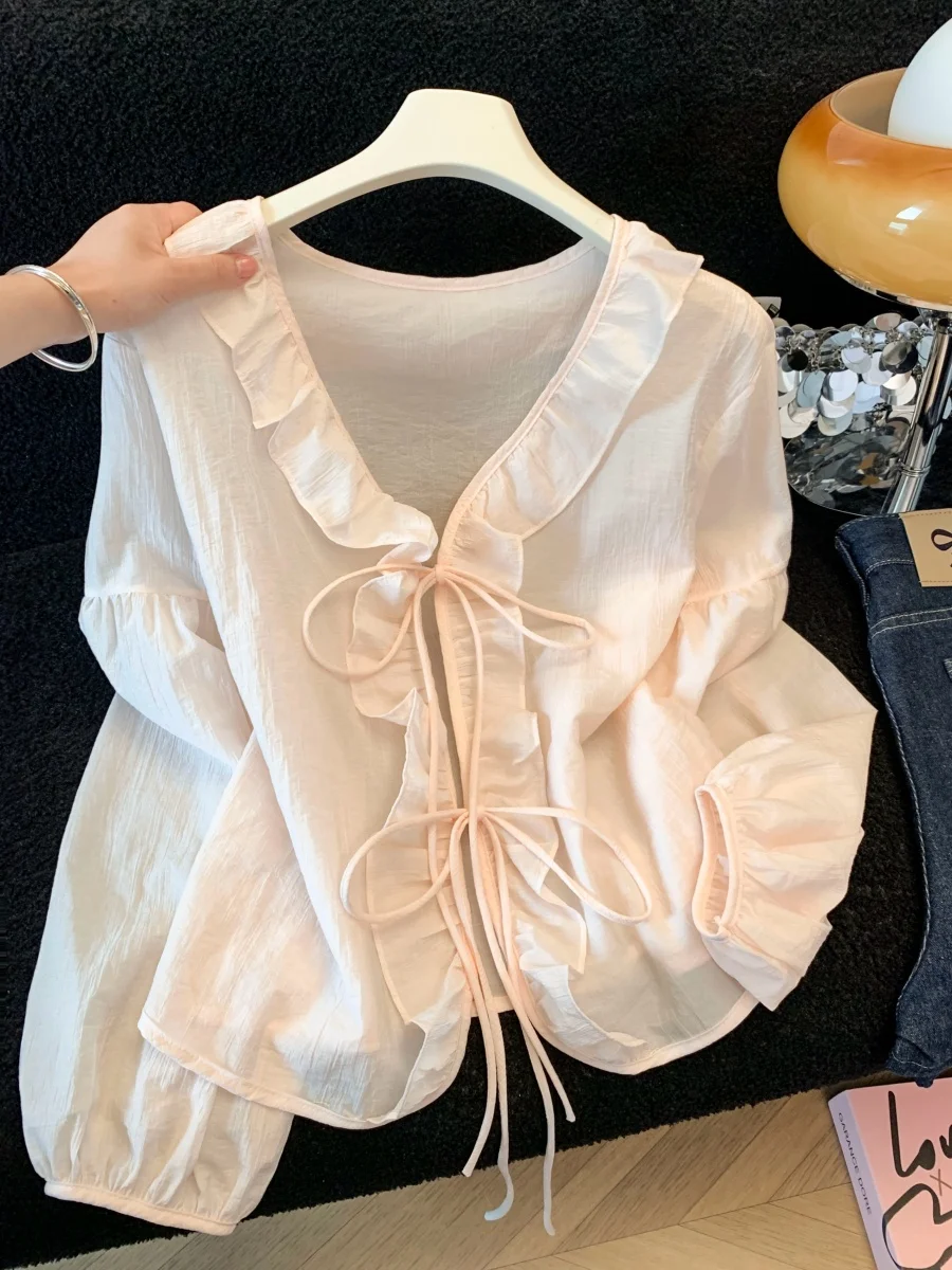 

Тонкая рубашка с длинными рукавами и V-образным вырезом в корейском стиле, женская летняя рубашка с защитой от солнца, свободная верхняя одежда с поясом, нежный топ