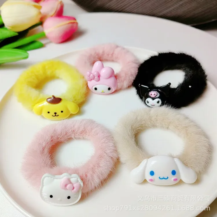 Cute Sanrio Kuromi Hello Kitty Cinnamoroll Cartoon Plush Hair Band Hair Rope Autumn Winter Sweet Girl Hair Accessories Kid Gift