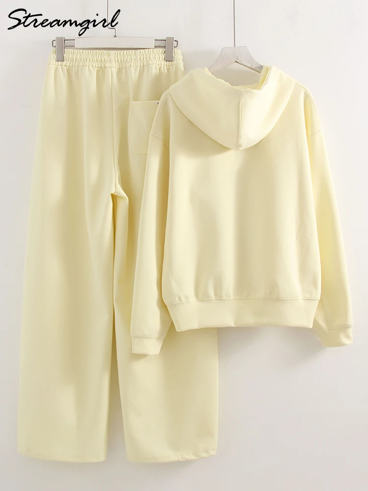 Women's Tracksuit Wide Leg Sweatpants And Hoodies Set Butter Yellow Plain 2 Pieces Pants Set For Women Joggers And Hoodie Set view 5
