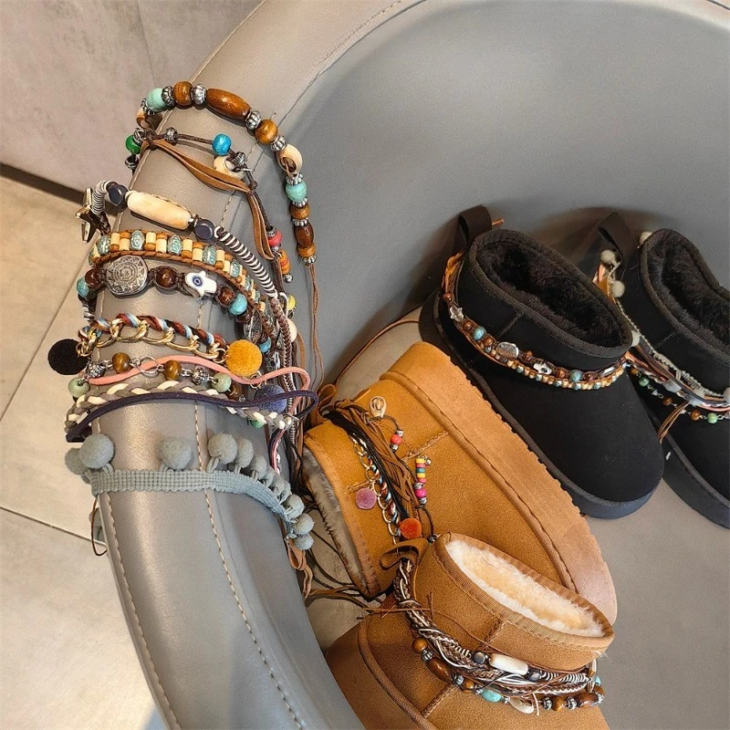 Ethnic Fringe Beaded Shoe Chain for Snow Boots Brown Premium Tassel Boot Decor Winter Accessory Lightweight Detachable Charm
