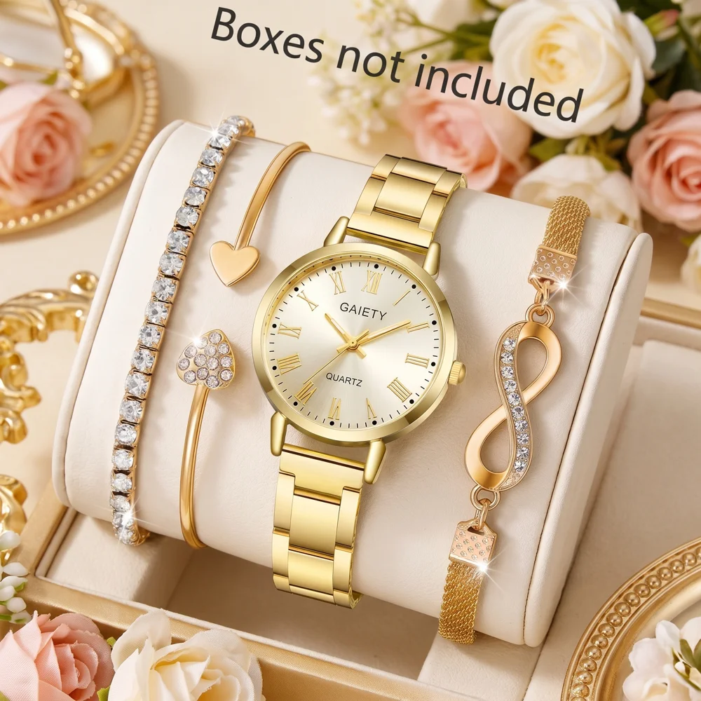 4Pcs/Set Unisex Jewelry Watches Women's Wristwatch Accessories Gold Trendy Fashionable Elegant Classic Exquisite Light Luxury Rhinestone Luxury Round Dial Quartz Watch Set Y2K Suitable for Travel, Parties, Daily Outfits, Perfect Birthday and Holiday Gift