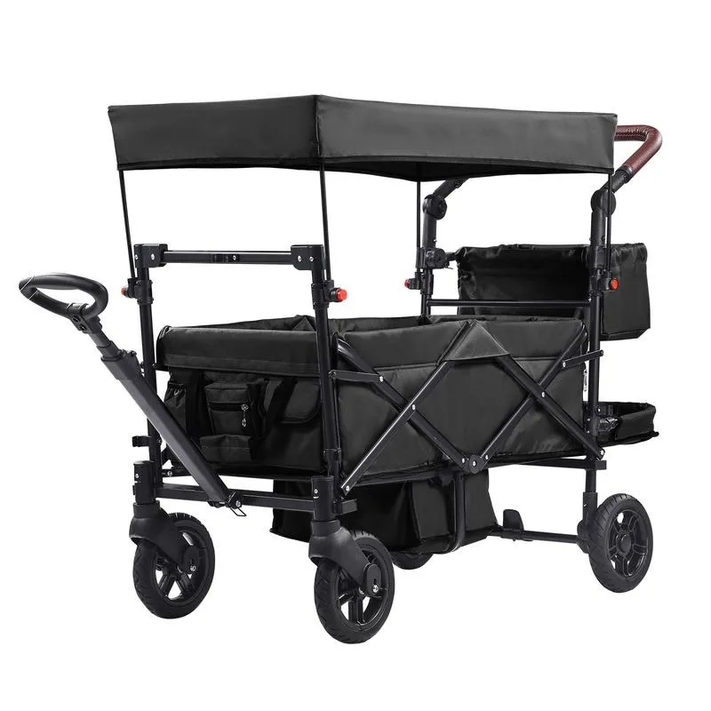 Wagon Stroller for 2 Kids, Push Pull Quad Collapsible Stroller with Adjustable Handle, Encircling Harness Removable Canopy, 4 Wheels with Brakes, Mutifunction Tandem Stroller for Camping Black