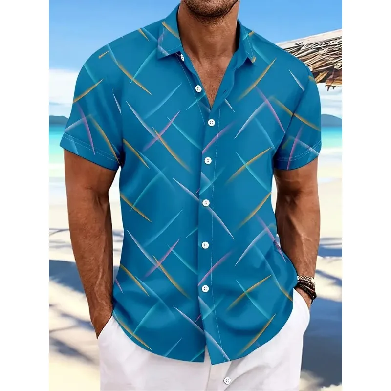 

Summer New European and American Men's Striped Feather Casual Beach Short Sleeved Button Up Shirt