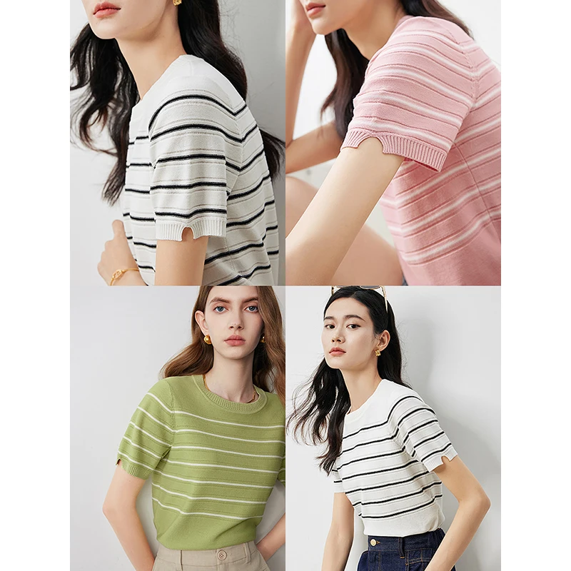 TOYOUTH Women Knitwear 2024 Summer New Ice Silk Striped Crew Neck Short Sleeve Casual Tops