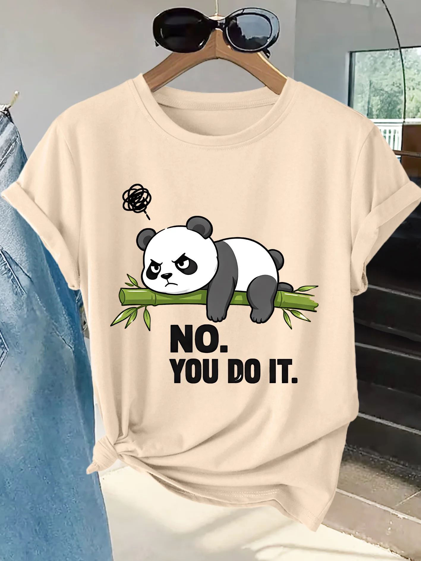 Women's T-shirt Top with Bamboo Blossoming and Angry Panda English Slogan Printed Round Neck Women's Daily Fashion Women's Tops