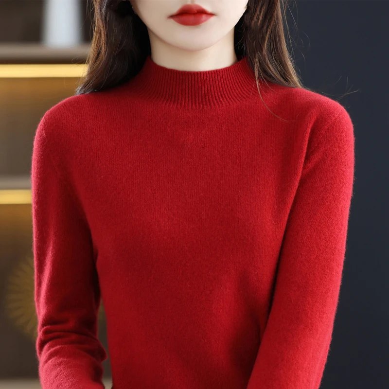 100%Merino Wool Sweater Women Autumn Long Sleeve Mock Neck Warm Soft Cashmere Pullovers Basic Bottom Sewn Knitwear Jumpers