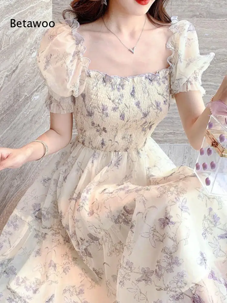 Women Elegant Square Neck Puff Sleeve Floral Print Ruffle Maxi Dress High Waist Flowy Long Party Evening Dress