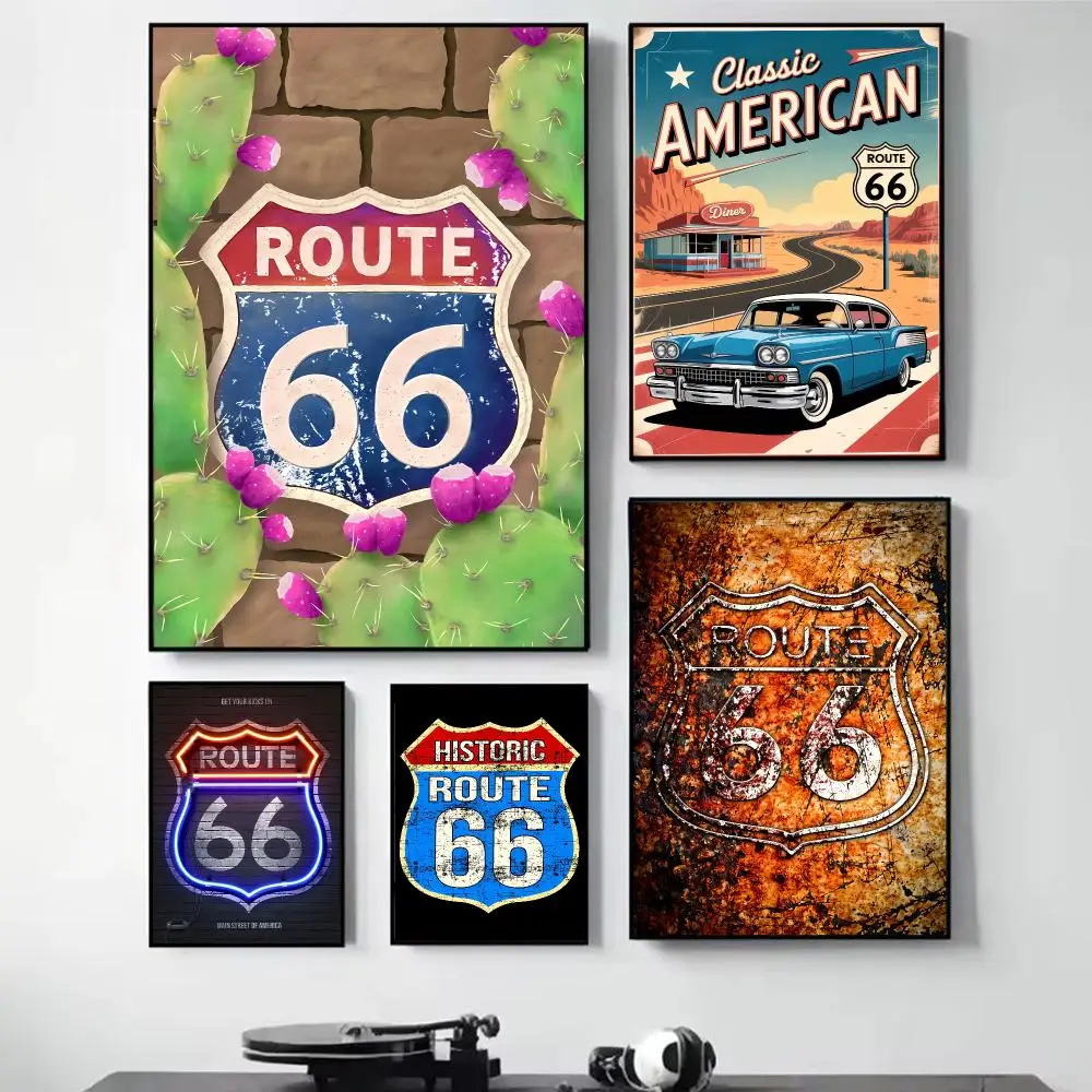 Route 66 Neon Sign Painting Calligraphy Self Adhesive Wall Art Waterproof Print For Bedroom Living Room Hallway Home Decor