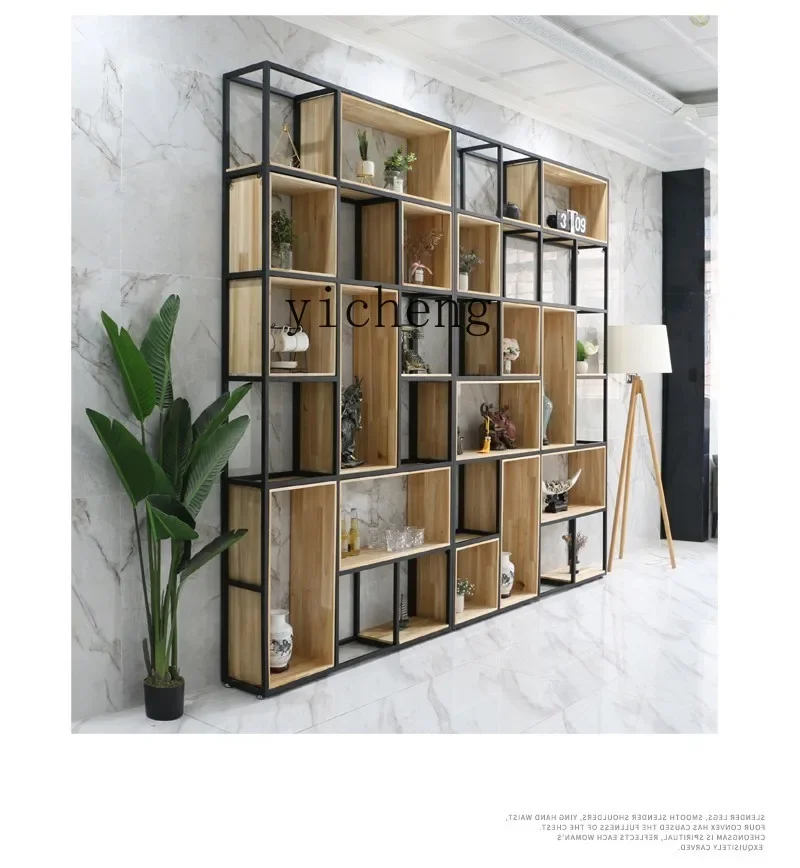 HYS  Nordic wrought iron baffle shelf office screen loft shelf solid wood bookshelf partition industrial wind storage