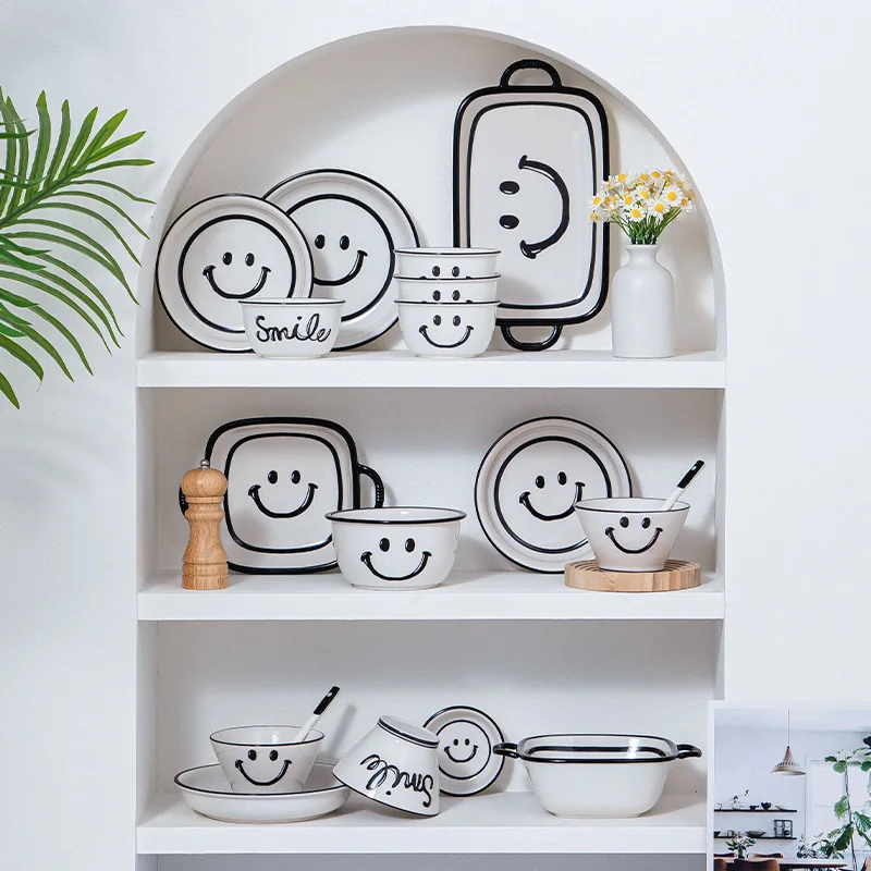 Juego de vajilla de cerámica con sonrisa, cuenco, cuchara, plato, platos de porcelana para desayuno, postre, platos, cuenco de fideos, taza de café, decoración del hogar, 1 Juego