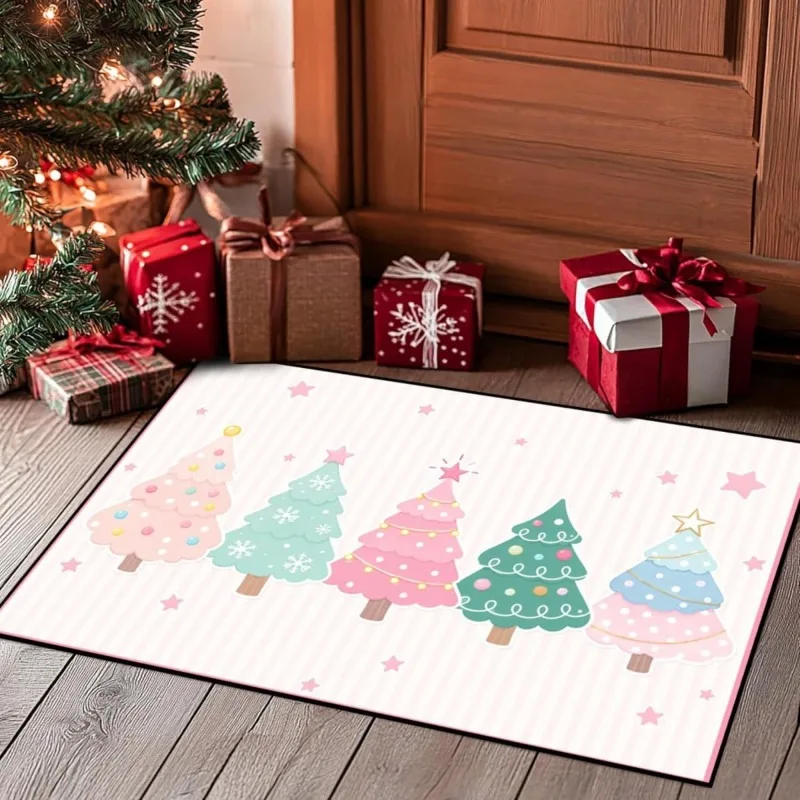 Christmas Snowman Doormat Winter Night Moon Gift Box Fairy Light Snow Scene Welcome Floor Rug Xmas Holiday Entrance Mat