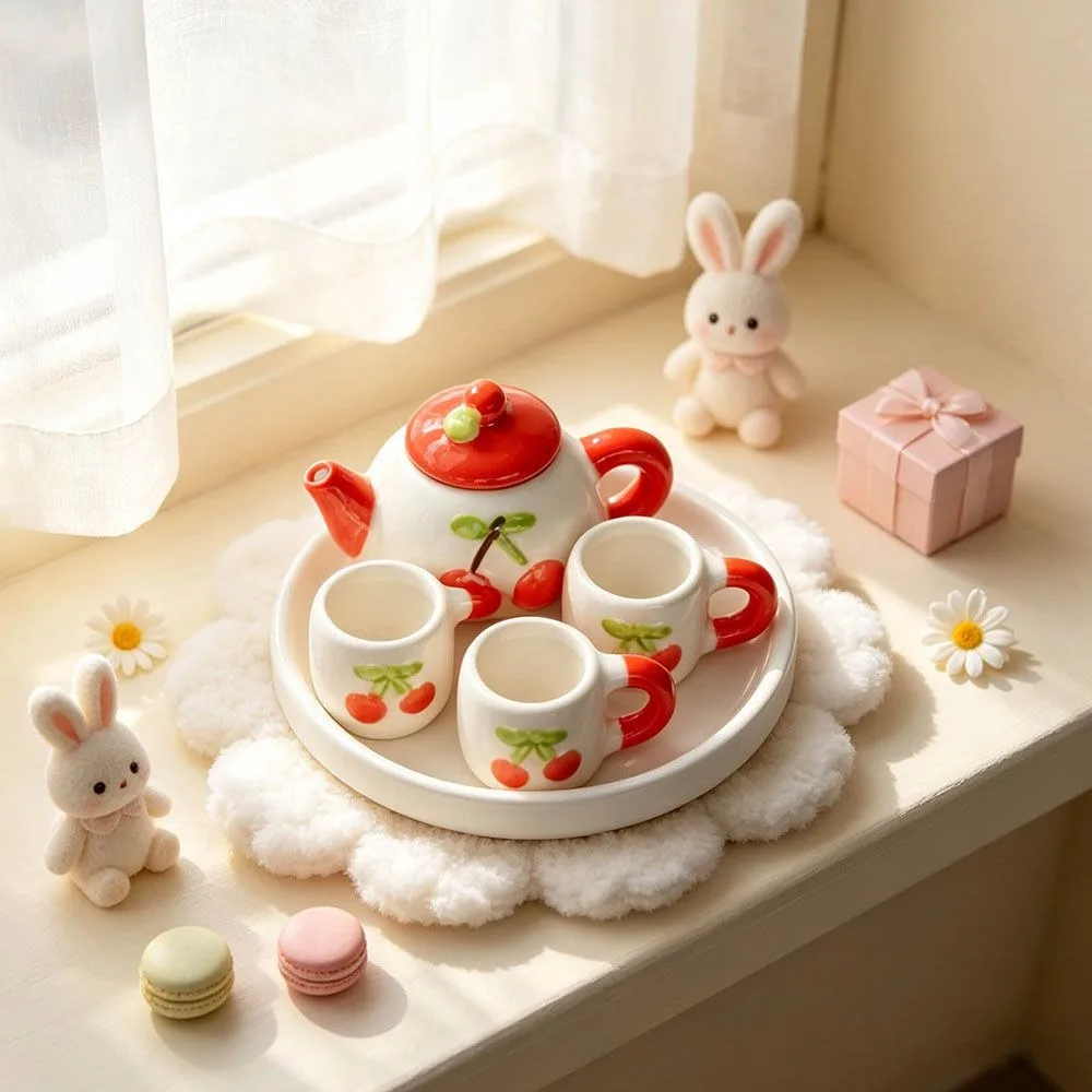 Ceramic Miniature Tea Set Fruit Shaped Watermelon Mini Teapot Strawberry Cute DIY Gift oll House Accessories
