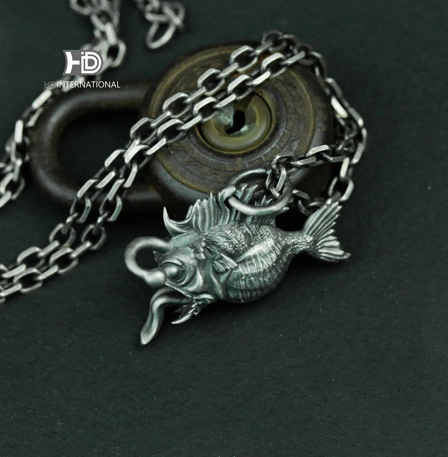 925 silver monkfish pendant necklace, gothic fish personality necklace piranha