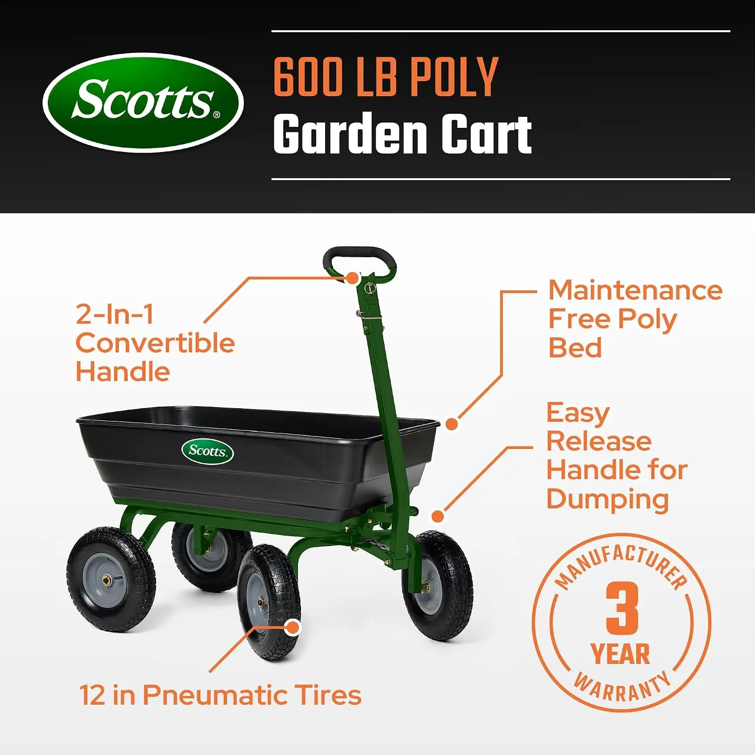 800 lb Capacity Poly Garden Cart, Yard Utility Cart