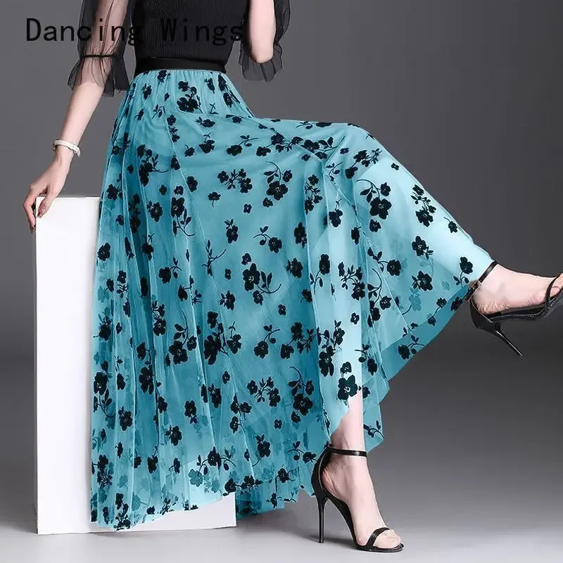 Summer Embroidery Floral Tulle Long Skirts Women Clothes Elastic High Waist Mesh Mid-calf A-line Skirts Female