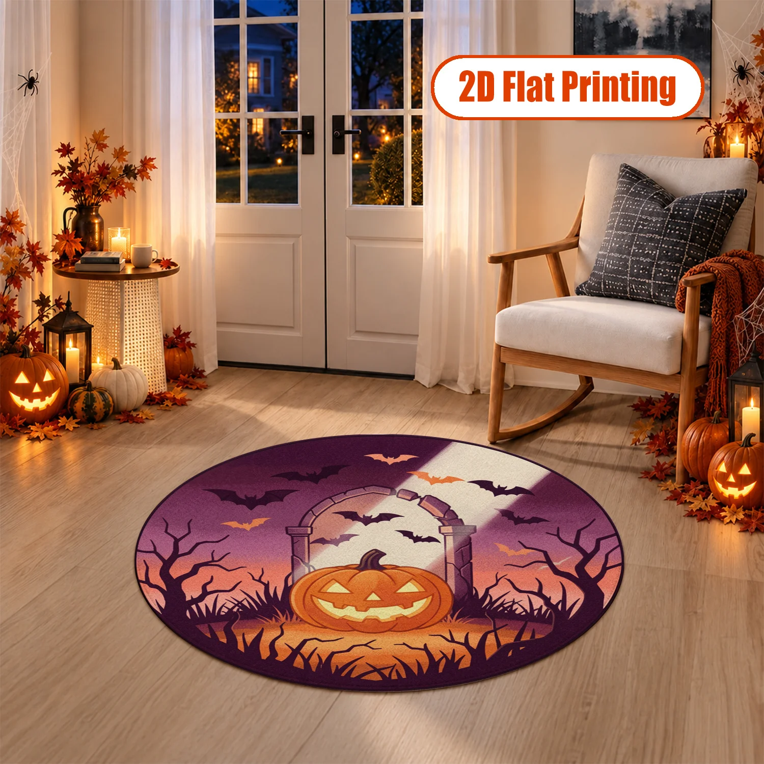 Halloween Pumpkin Bat Design Round Velvet Rug Velvet Material Machine Washable for Living Room Bedroom Entryway Balcony Halloween Thanksgiving Black Friday Cyber Monday Christmas New Year